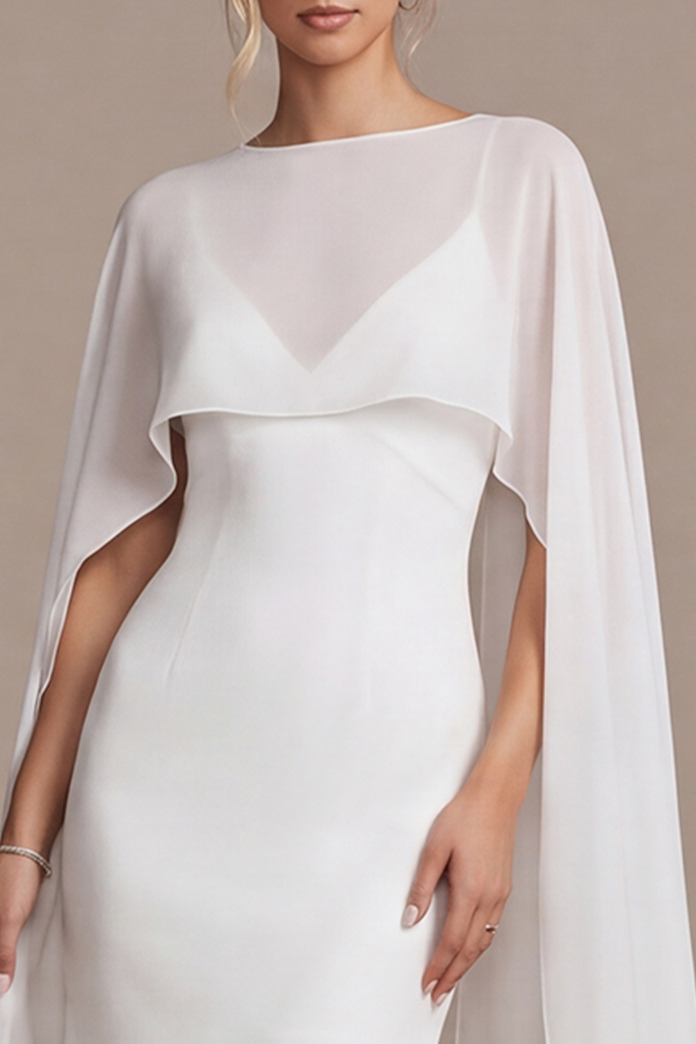 White Bodycon Boat Neck Short Wedding Dress with Cape