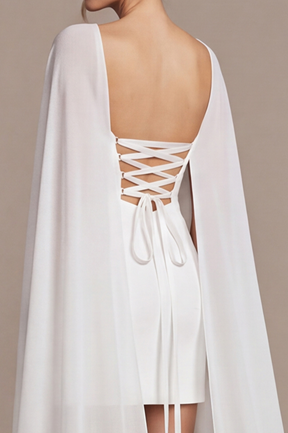 White Bodycon Boat Neck Short Wedding Dress with Cape