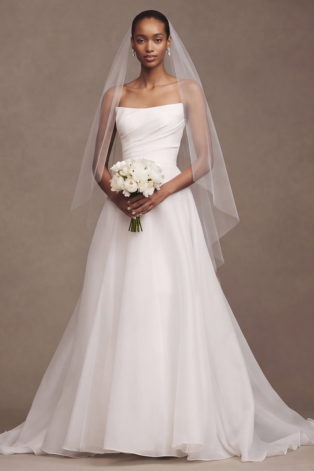 White A-Line Strapless Ruched Sweep Train Wedding Dress