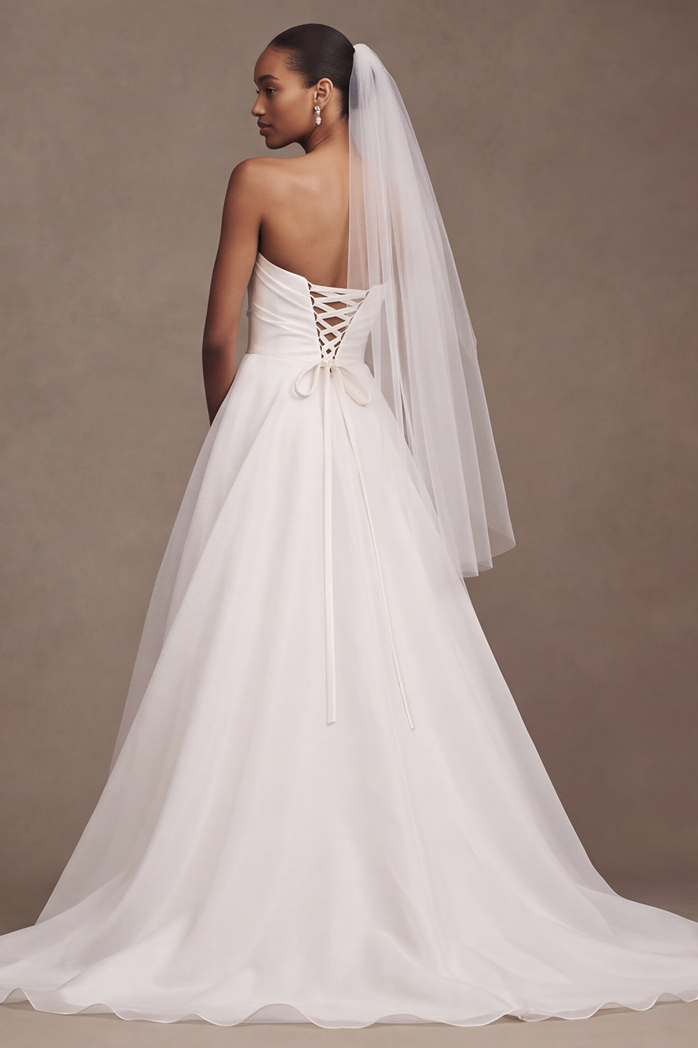 White A-Line Strapless Ruched Sweep Train Wedding Dress