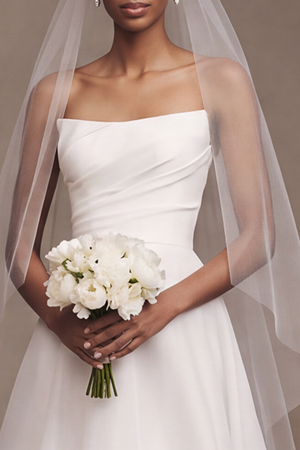 White A-Line Strapless Ruched Sweep Train Wedding Dress