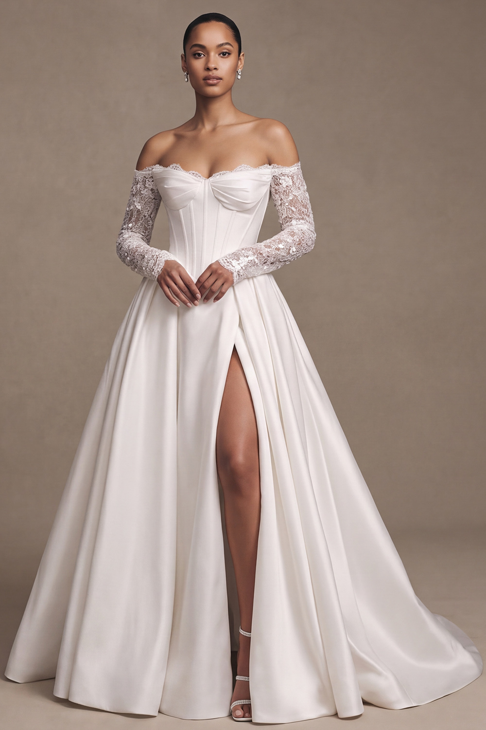 White Corset Off the Shoulder Sweep Train A Line Wedding Dress with Slit