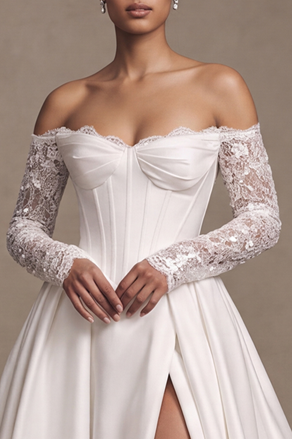 White Corset Off the Shoulder Sweep Train A Line Wedding Dress with Slit