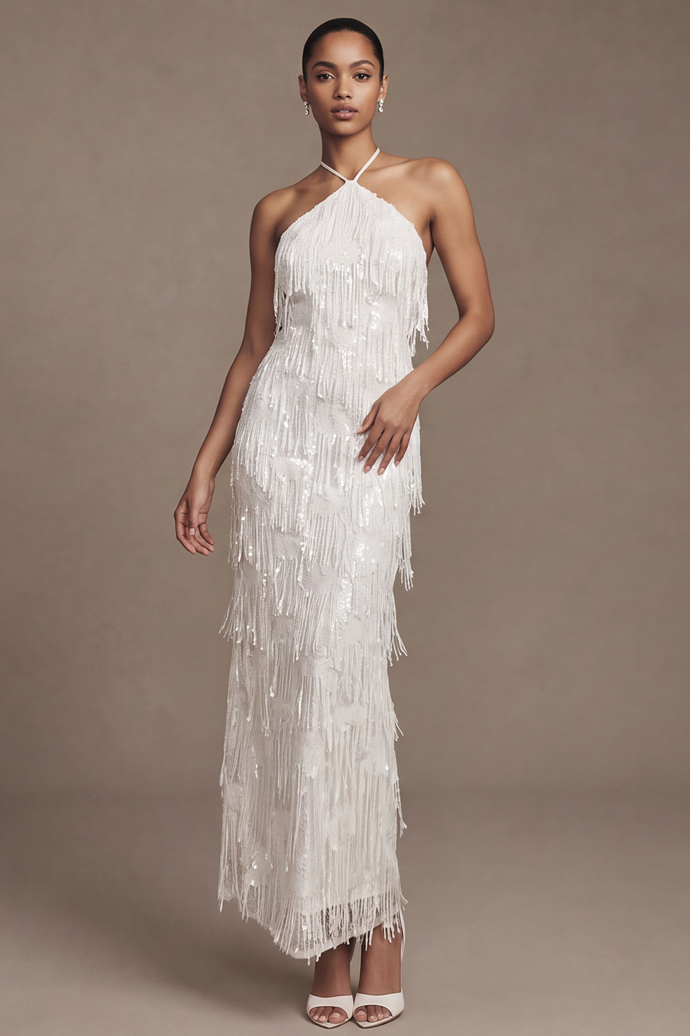 White Sheath Halter Fringed Long Wedding Dress with Slit