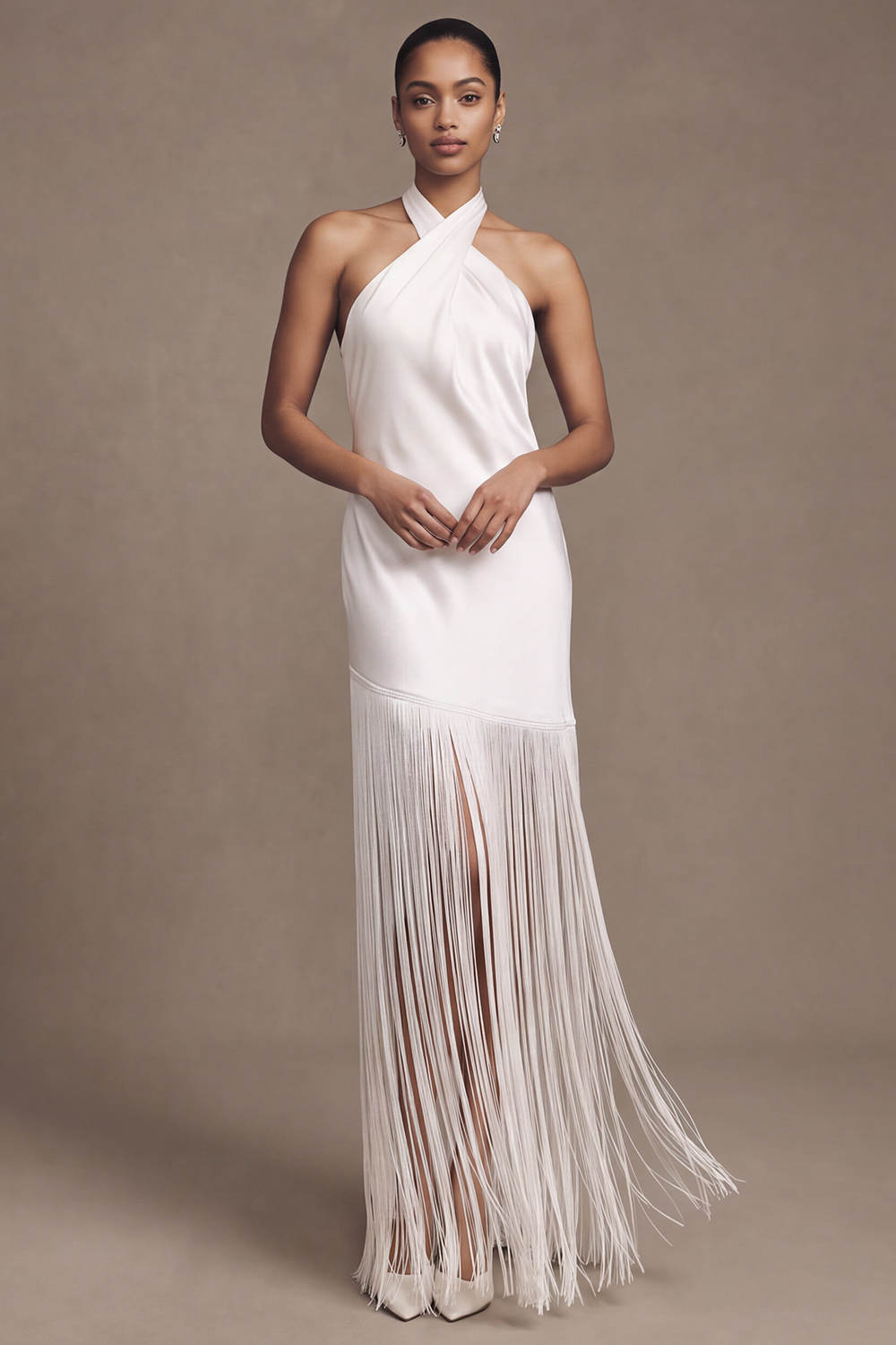 White Sheath Halter Fringed Floor-Length Wedding Dress with Fringes