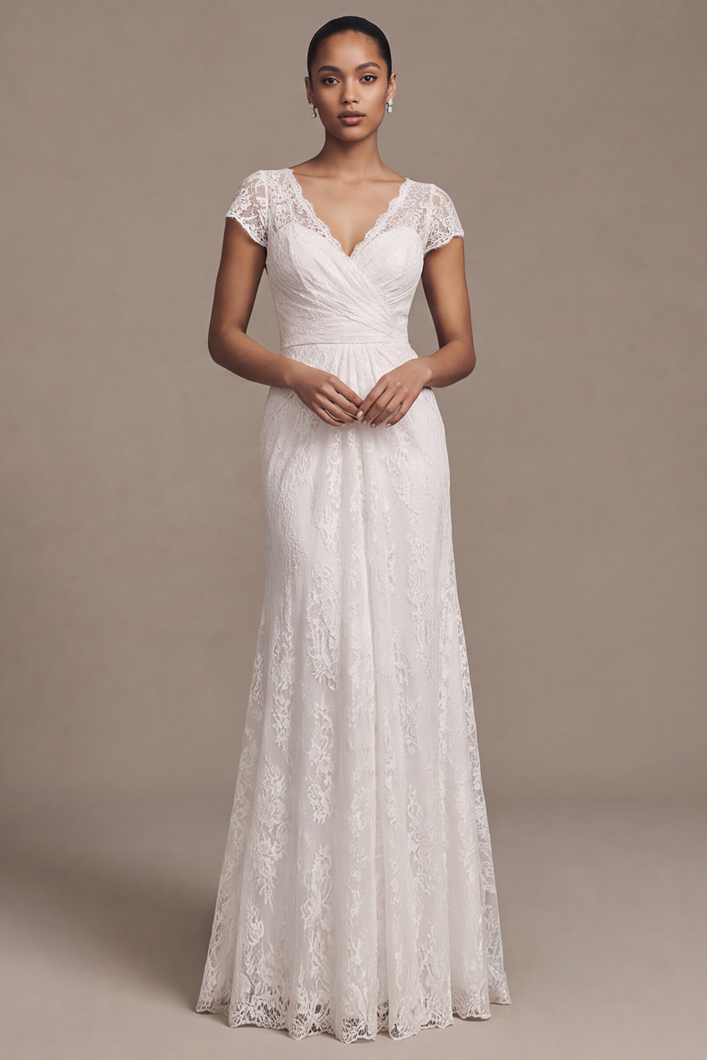 White Mermaid Sweep Train V-Neck Ruched Wedding Dress