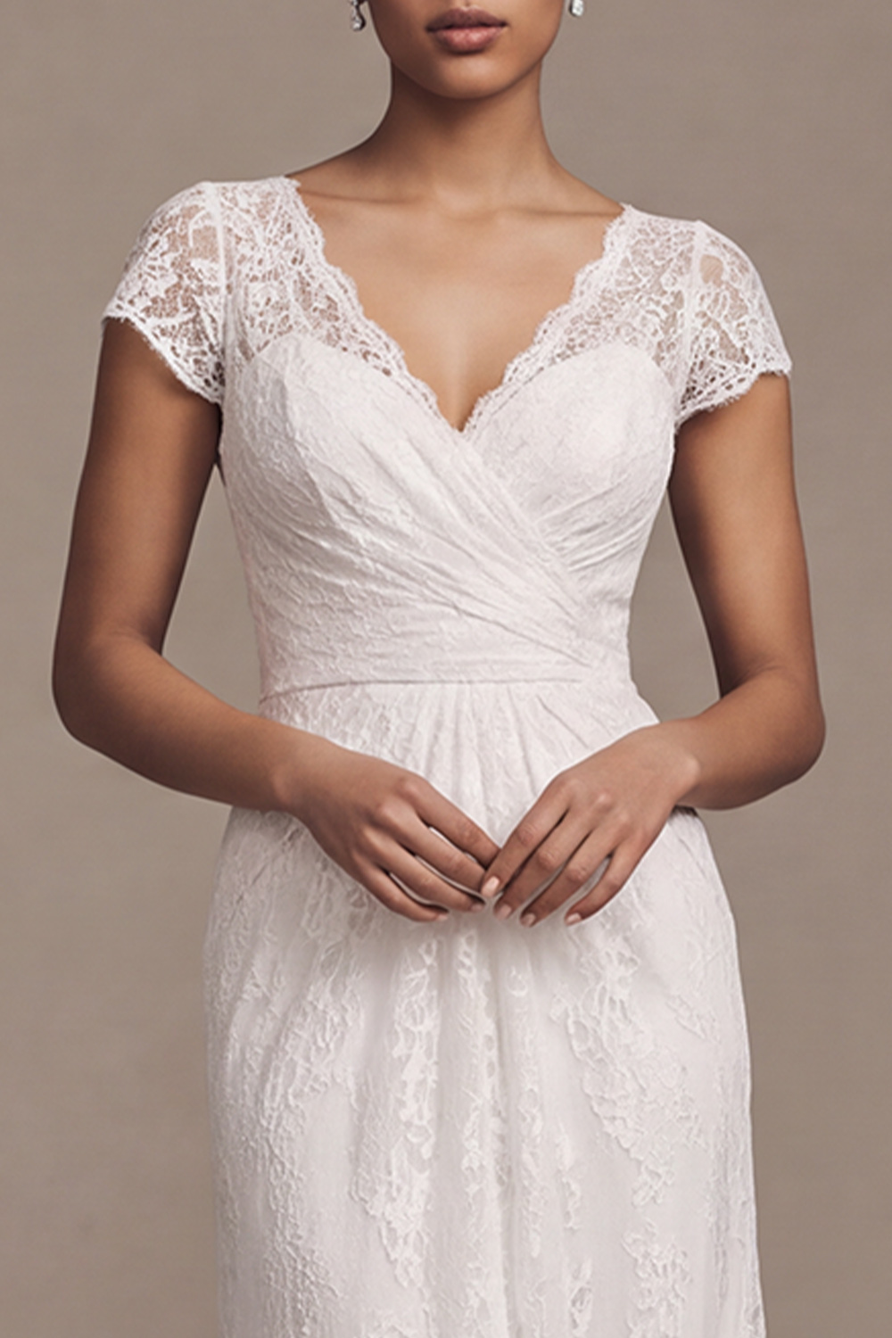 White Mermaid Sweep Train V-Neck Ruched Wedding Dress