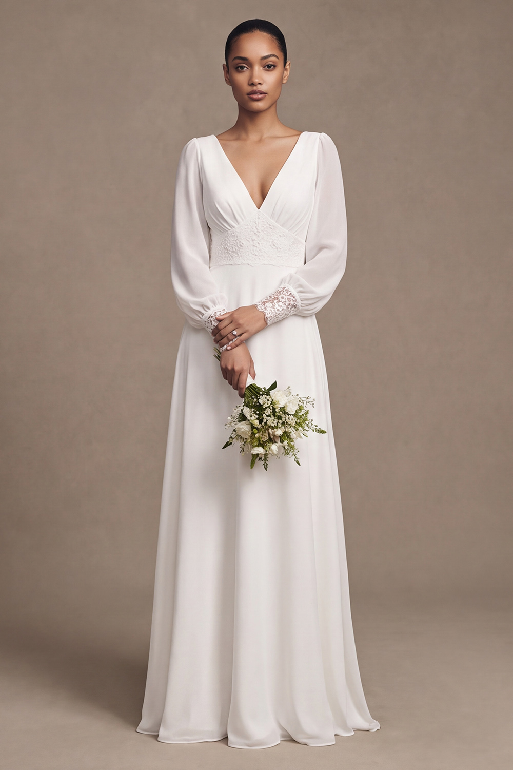 White A-Line Sweep Train V-Neck Wedding Dress with Lace
