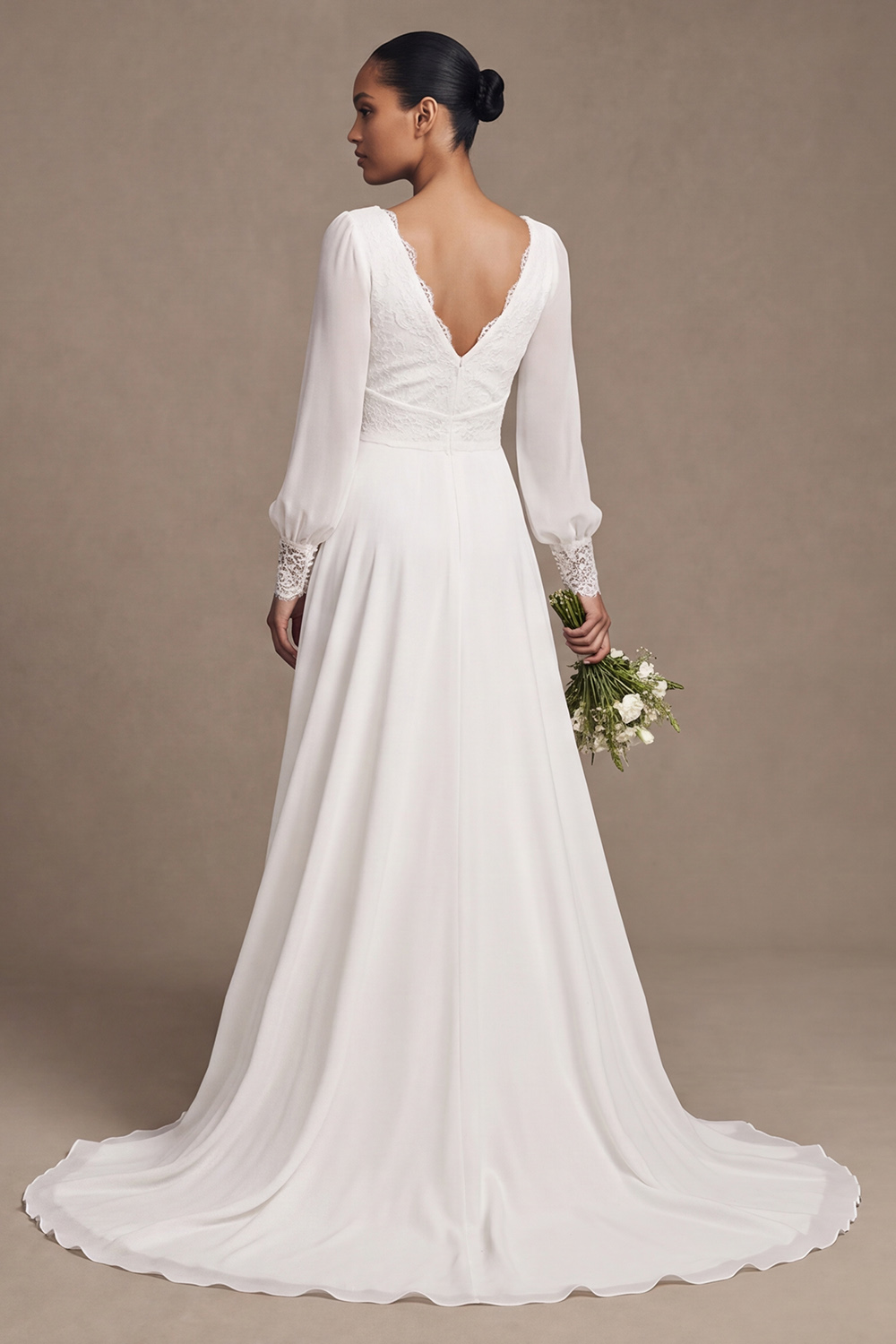 White A-Line Sweep Train V-Neck Wedding Dress with Lace