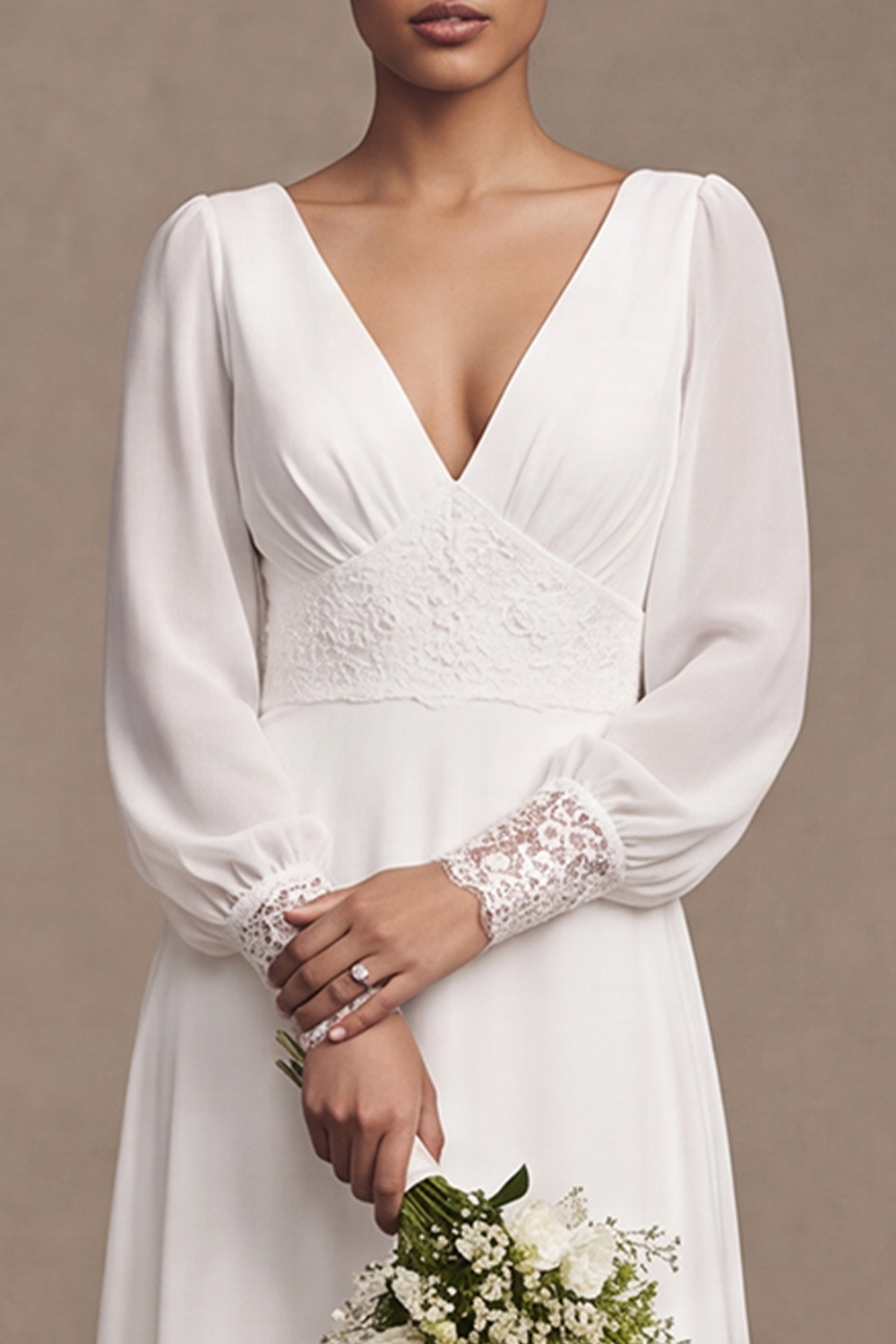 White A-Line Sweep Train V-Neck Wedding Dress with Lace