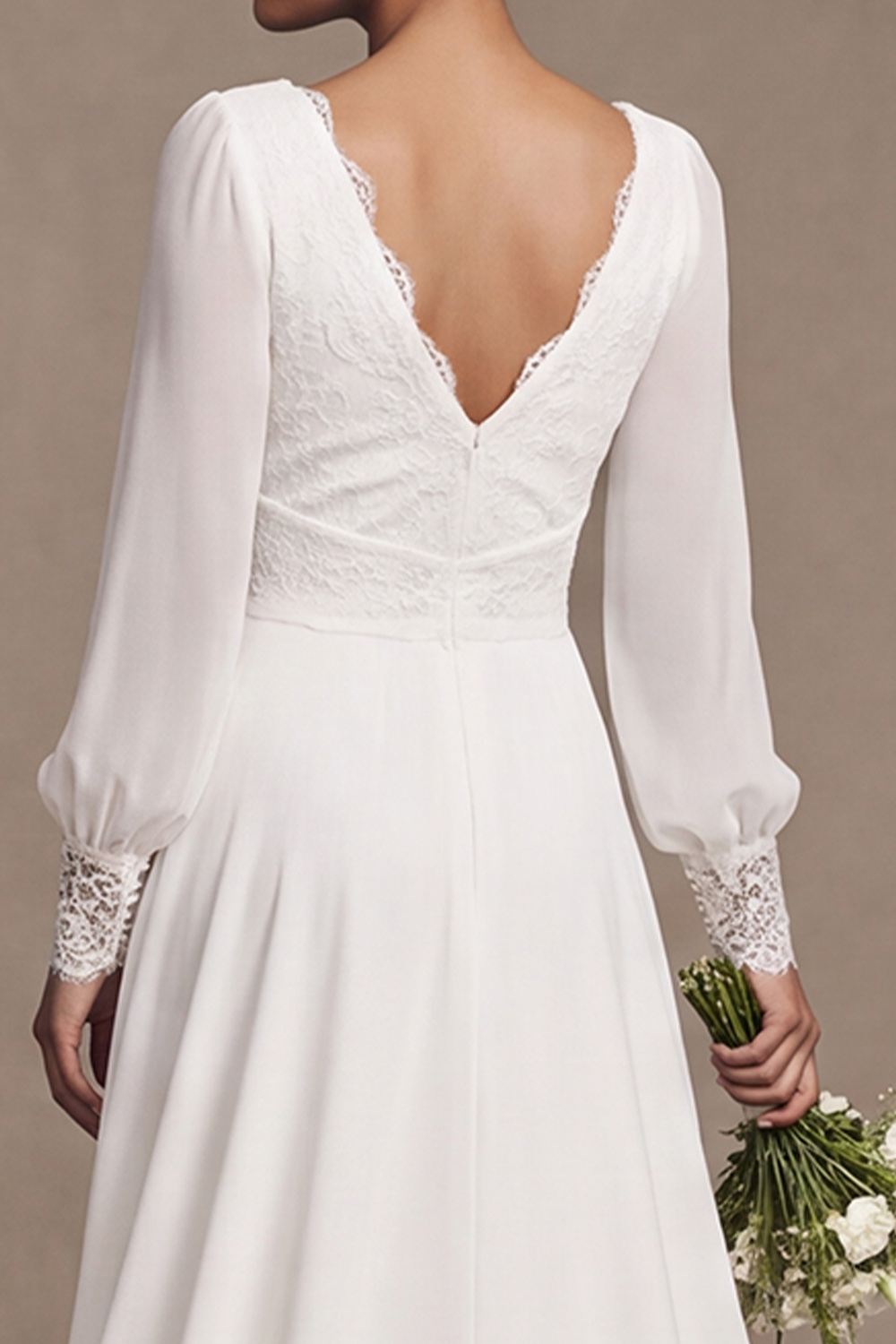White A-Line Sweep Train V-Neck Wedding Dress with Lace