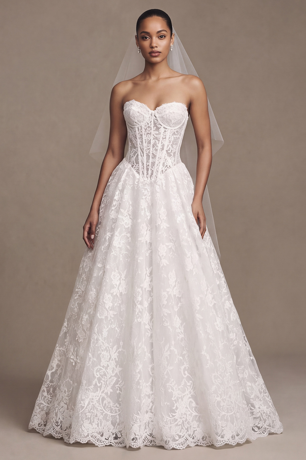 White Corset A-Line Floral Sweep Train Wedding Dress with Lace Appliques