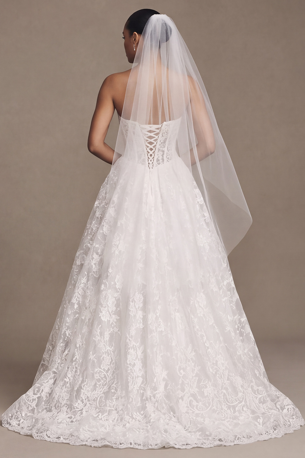 White Corset A-Line Floral Sweep Train Wedding Dress with Lace Appliques