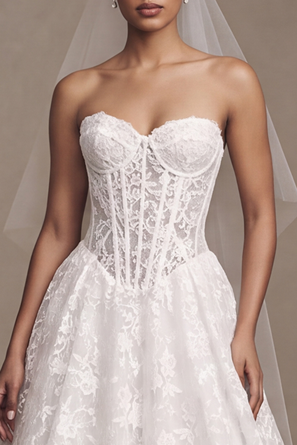 White Corset A-Line Floral Sweep Train Wedding Dress with Lace Appliques
