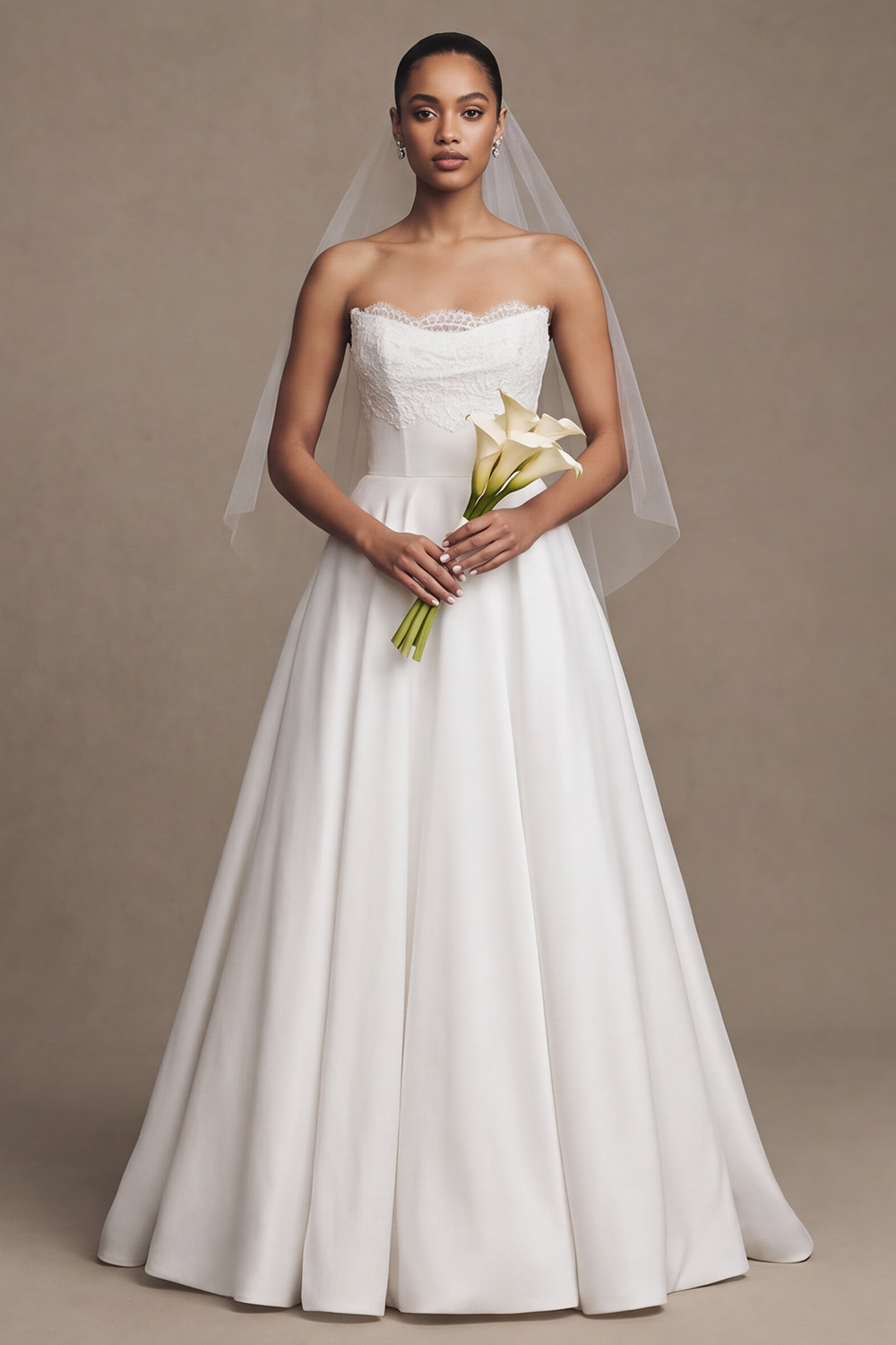 White A-Line Strapless Sweep Train Wedding Dress with Lace
