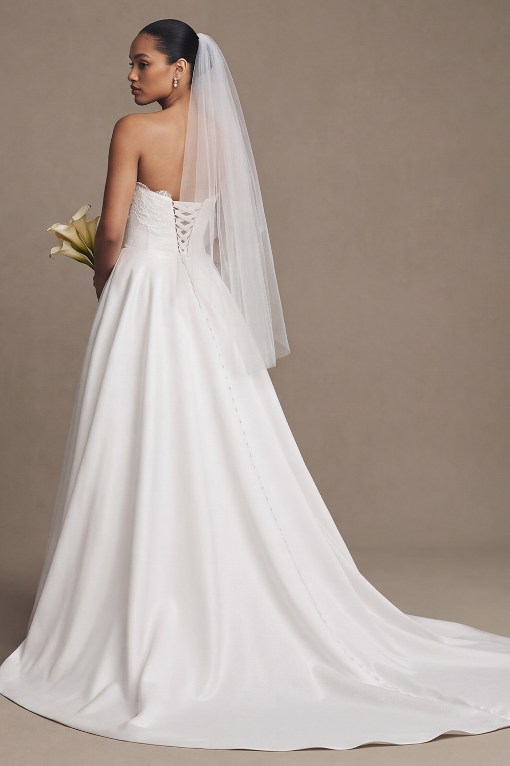 White A-Line Strapless Sweep Train Wedding Dress with Lace