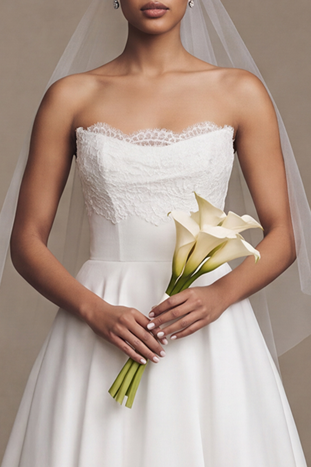 White A-Line Strapless Sweep Train Wedding Dress with Lace