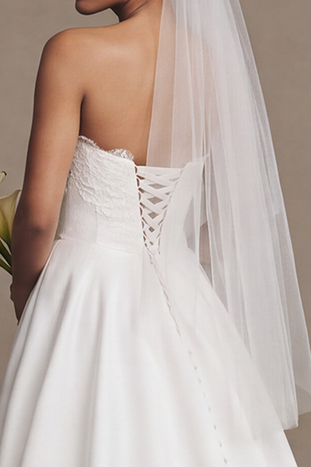 White A-Line Strapless Sweep Train Wedding Dress with Lace