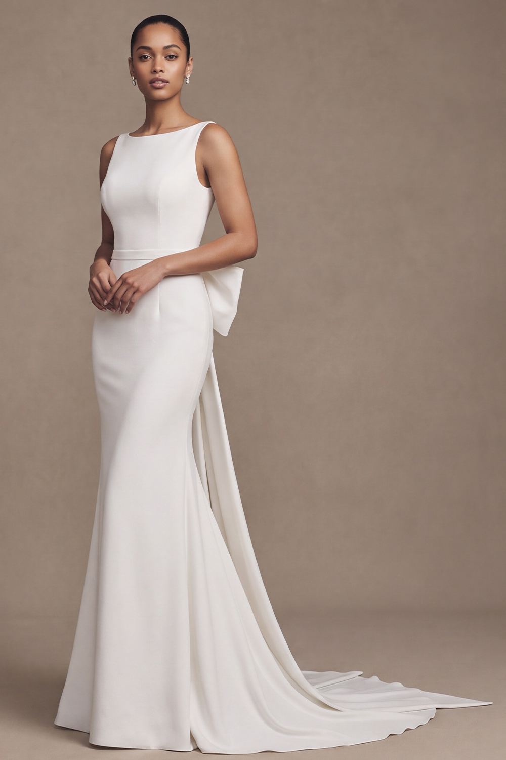 White Mermaid Sweep Train Wedding Dress with Bow
