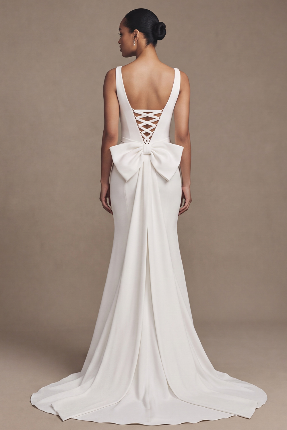 White Mermaid Sweep Train Wedding Dress with Bow