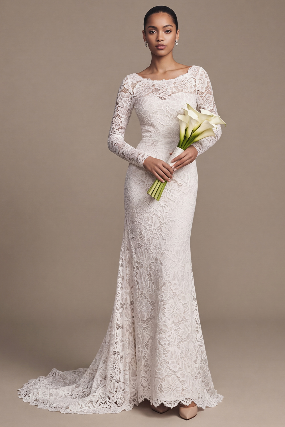 White Mermaid Floral Sweep Train Wedding Dress
