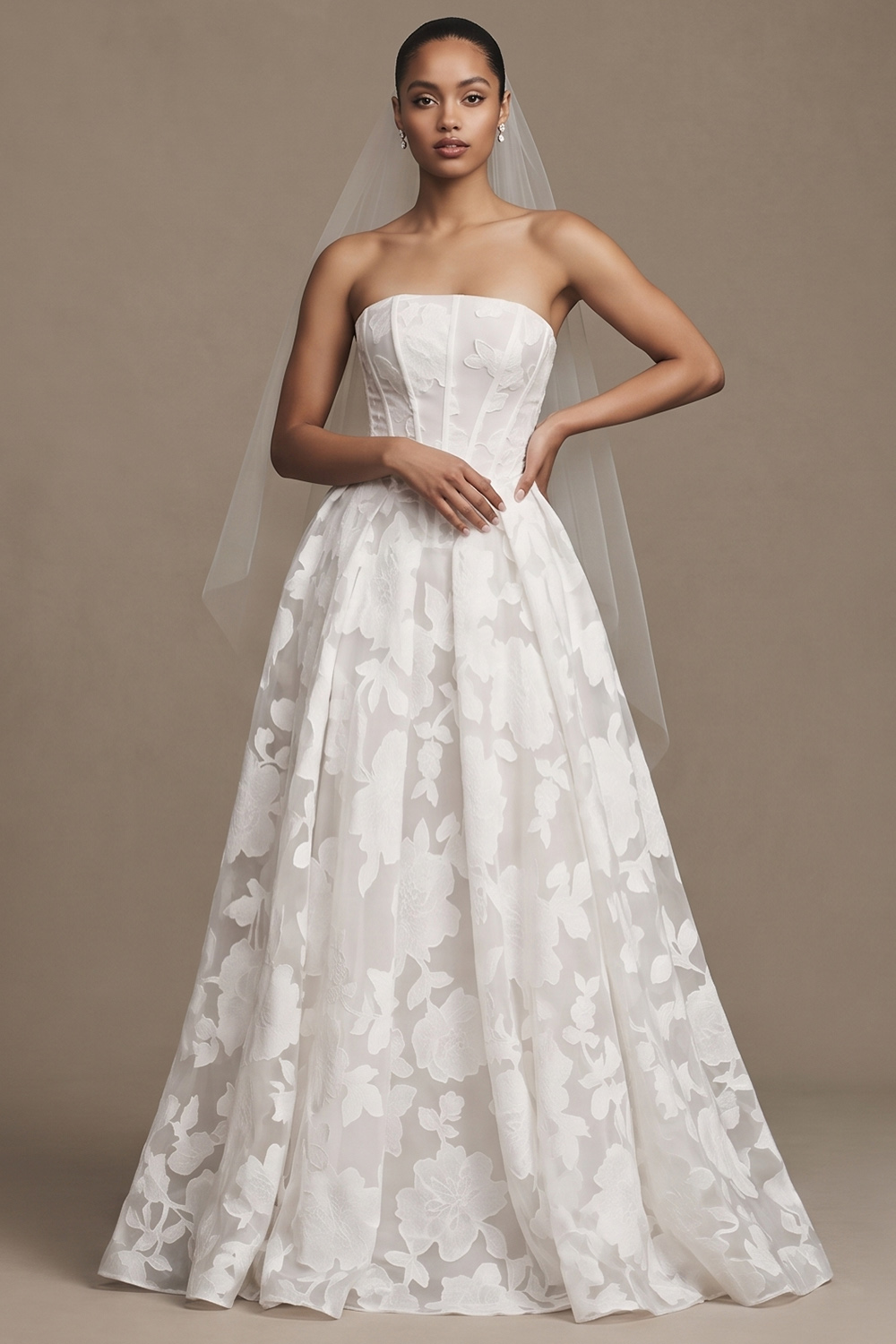 White Corset A-Line Floral Sweep Train Wedding Dress