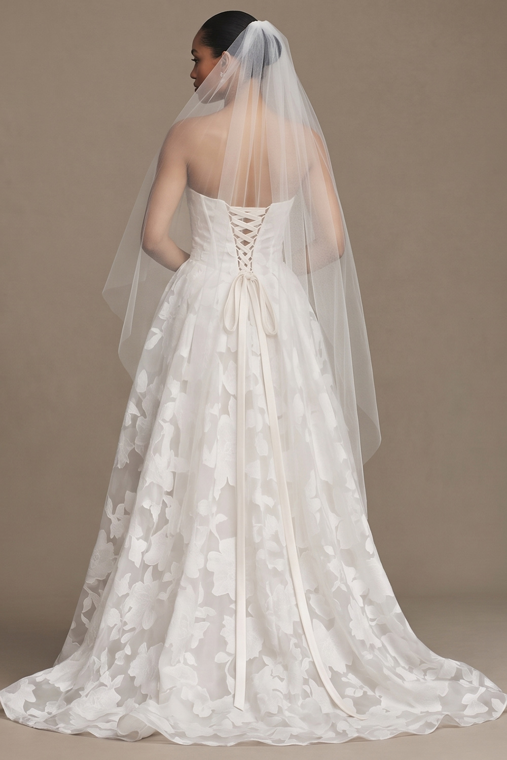 White Corset A-Line Floral Sweep Train Wedding Dress