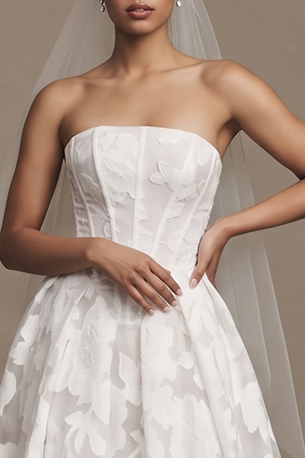 White Corset A-Line Floral Sweep Train Wedding Dress