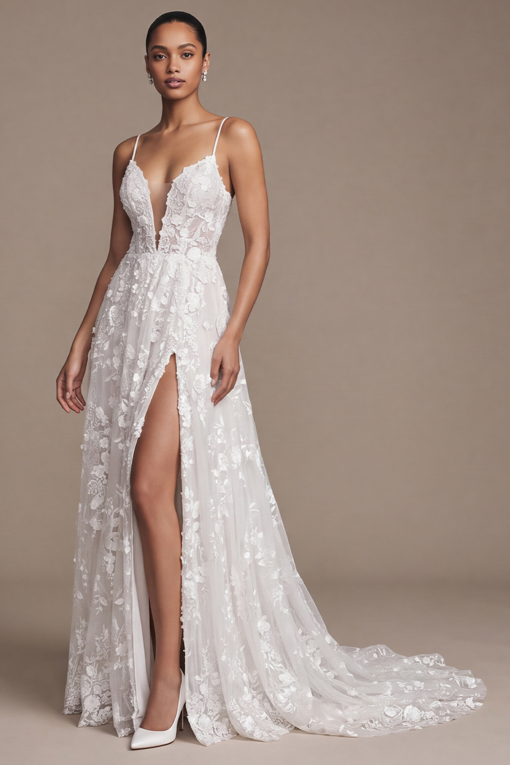 White A-Line Floral Sweep Train Wedding Dress with Slit