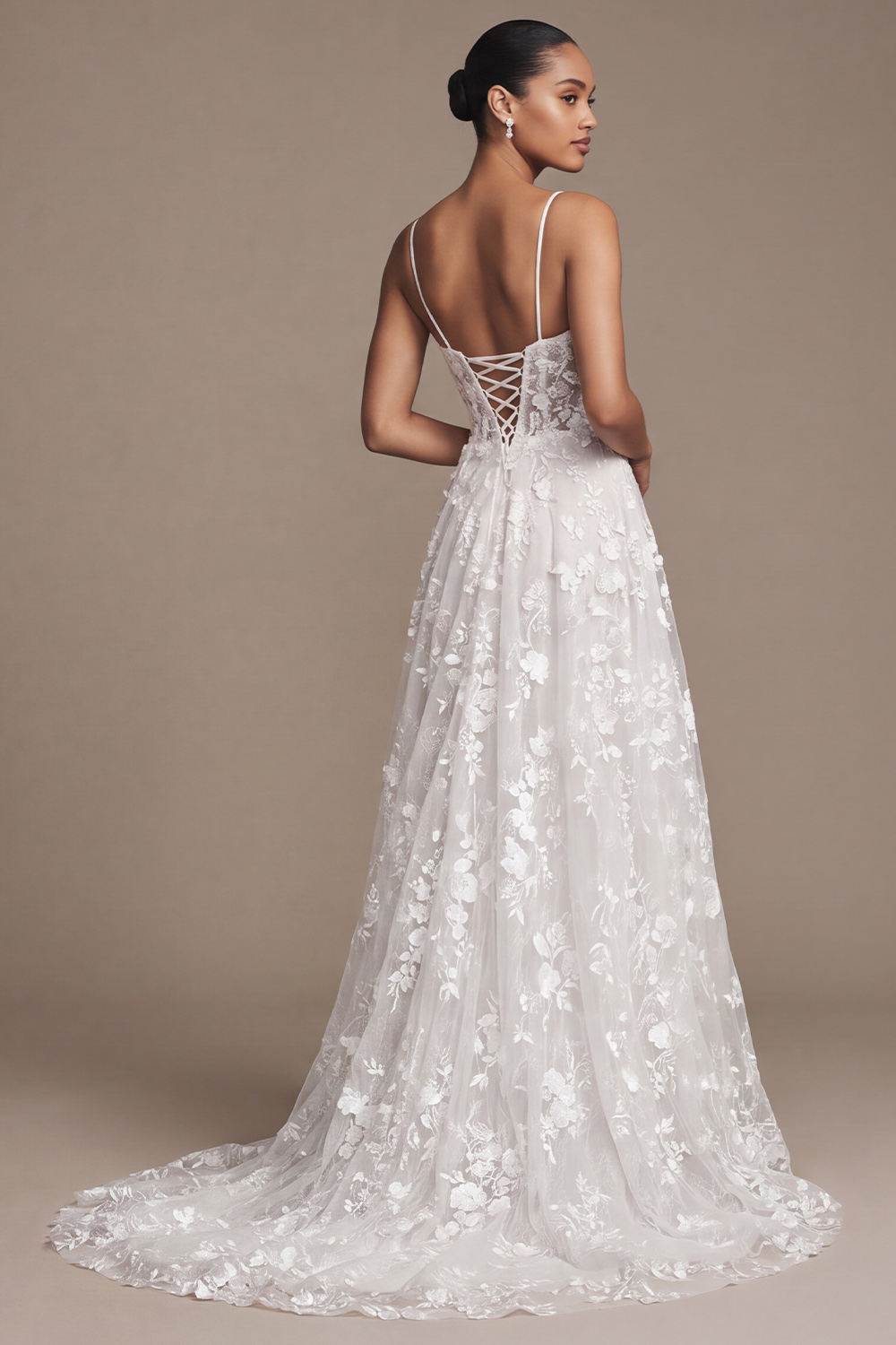 White A-Line Floral Sweep Train Wedding Dress with Slit