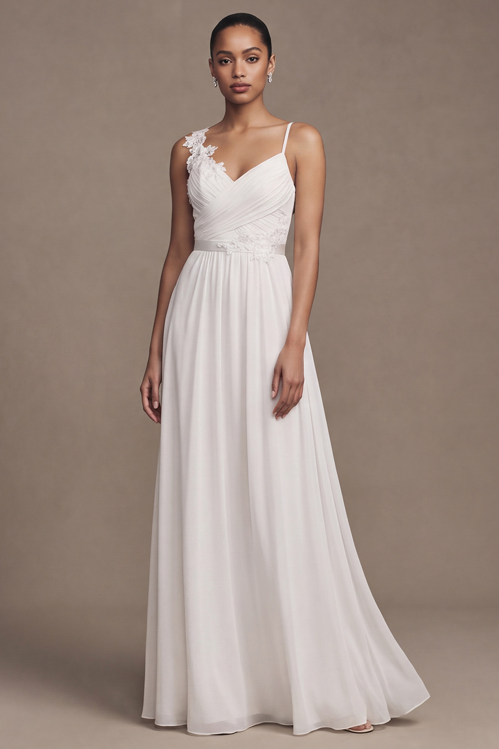 White A-Line Sweep Train Asymmetrical Shoulder Ruched Wedding Dress with Appliques