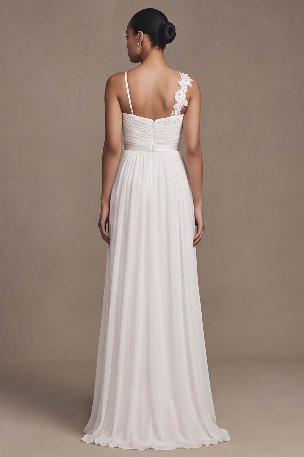 White A-Line Sweep Train Asymmetrical Shoulder Ruched Wedding Dress with Appliques