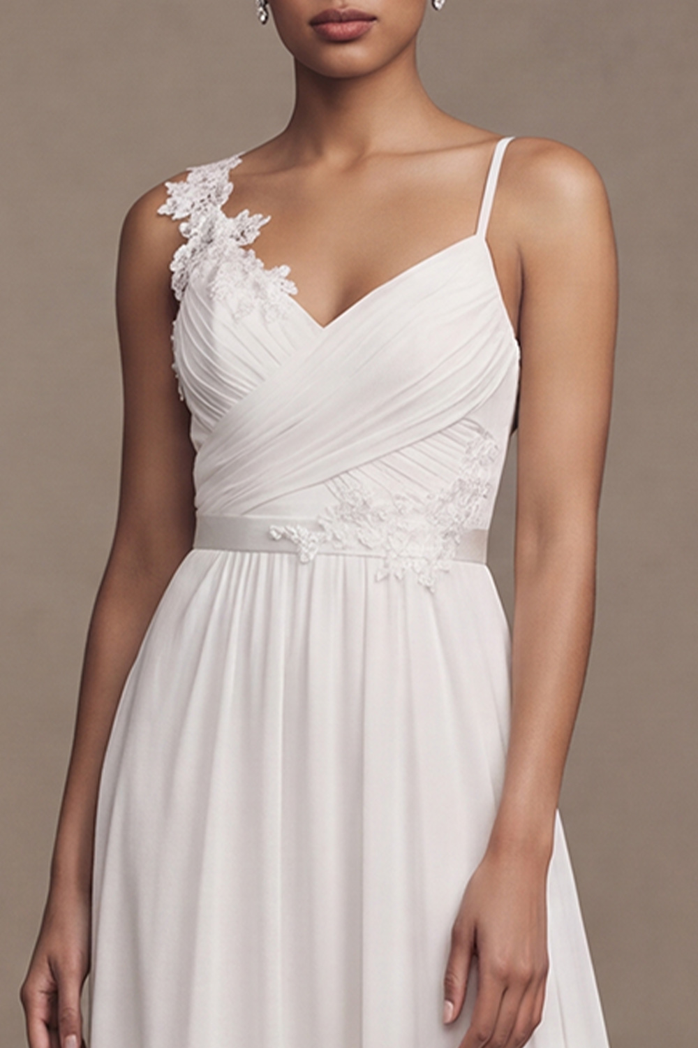 White A-Line Sweep Train Asymmetrical Shoulder Ruched Wedding Dress with Appliques