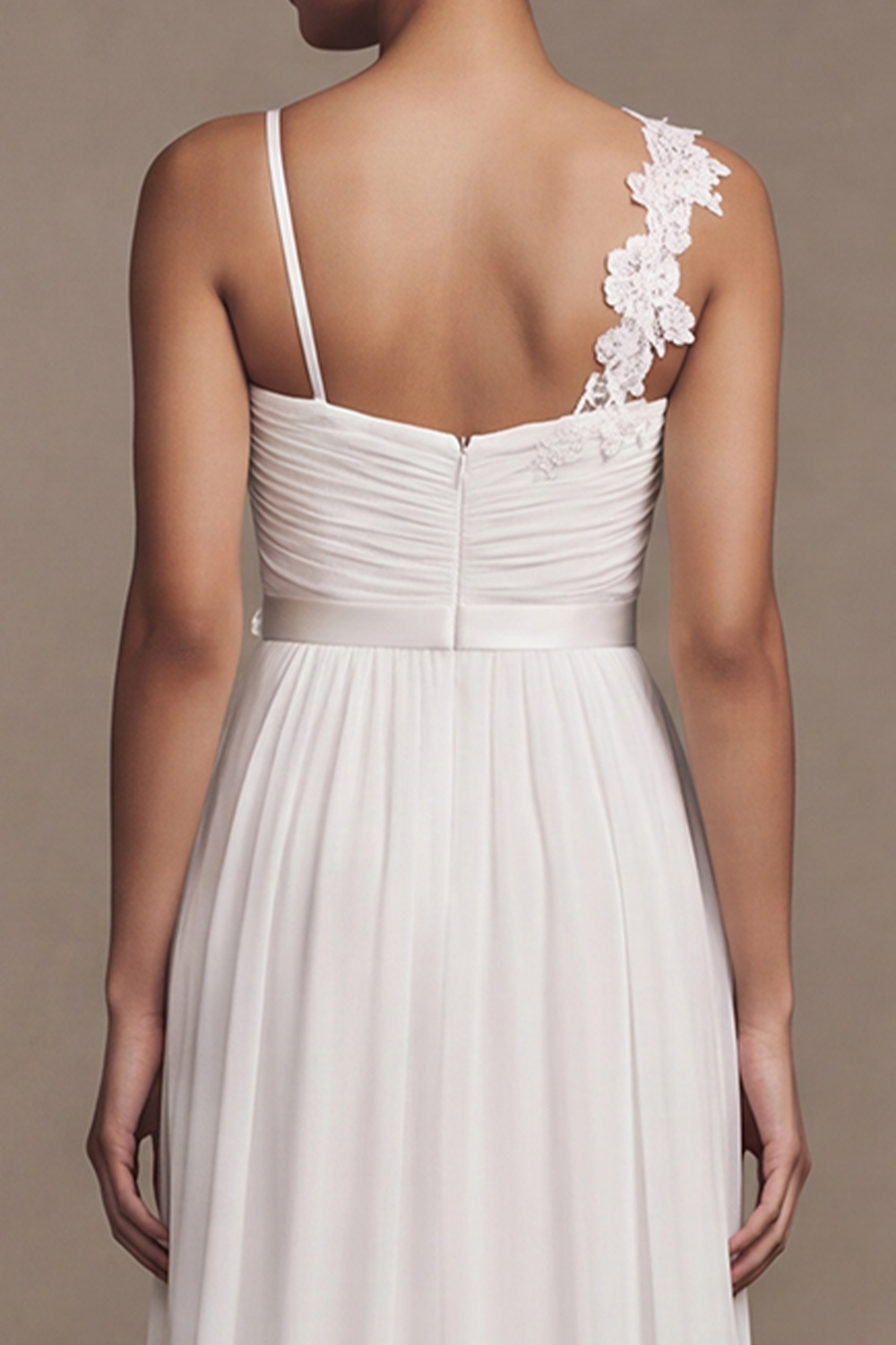 White A-Line Sweep Train Asymmetrical Shoulder Ruched Wedding Dress with Appliques