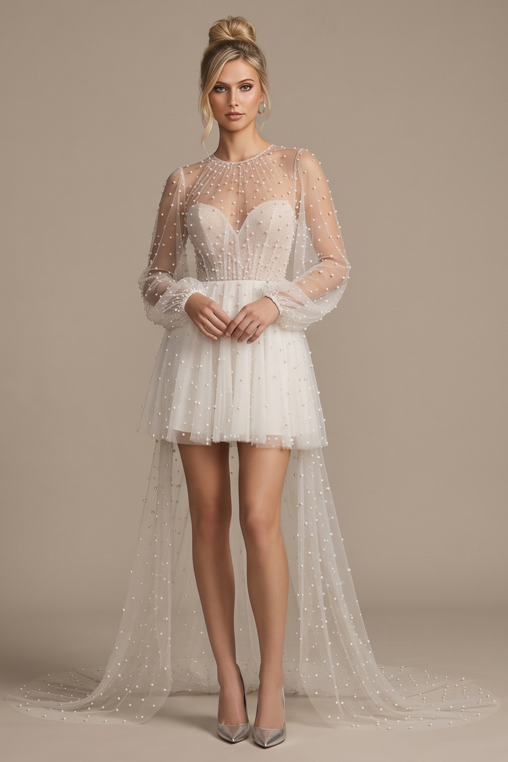 White A-Line Illusion Neck Short Wedding Dress with Cape