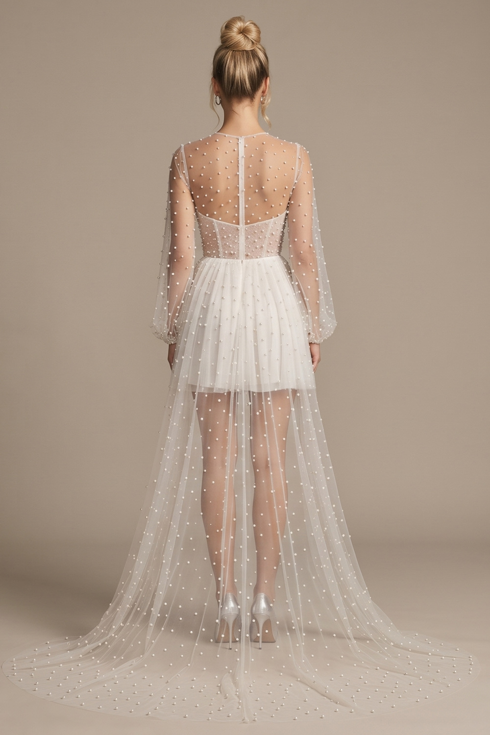 White A-Line Illusion Neck Short Wedding Dress with Cape