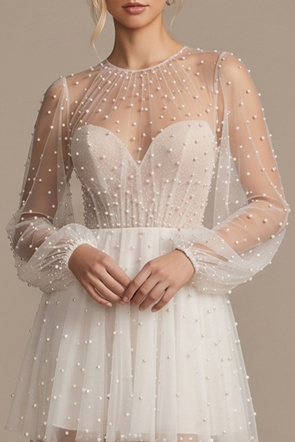 White A-Line Illusion Neck Short Wedding Dress with Cape