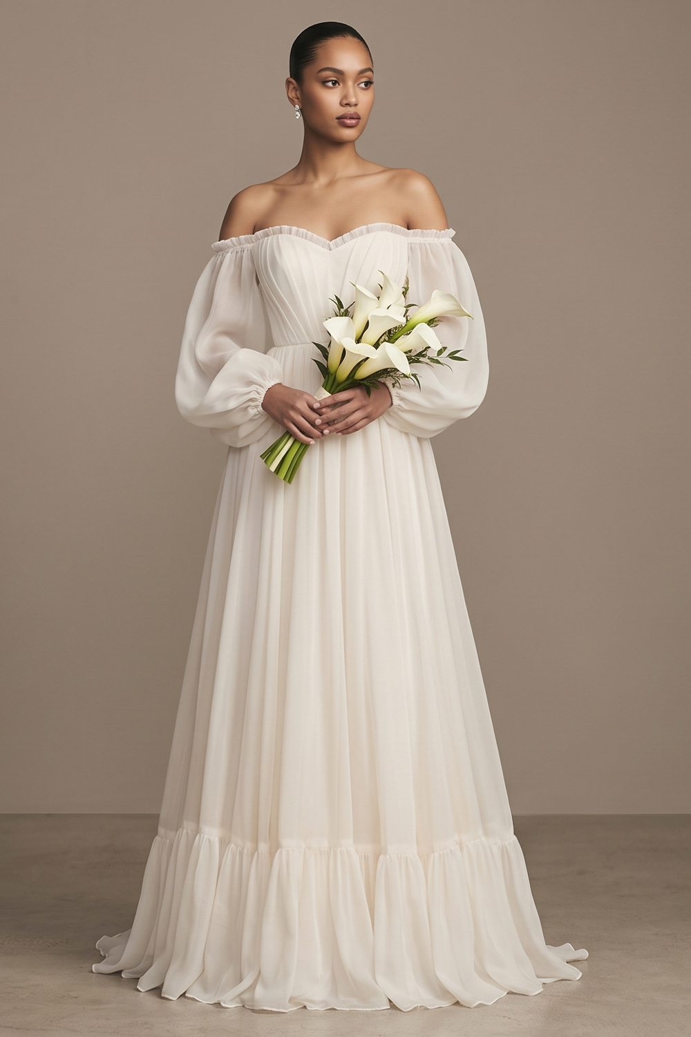 White A-Line Sweep Train Off the Shoulder Wedding Dress