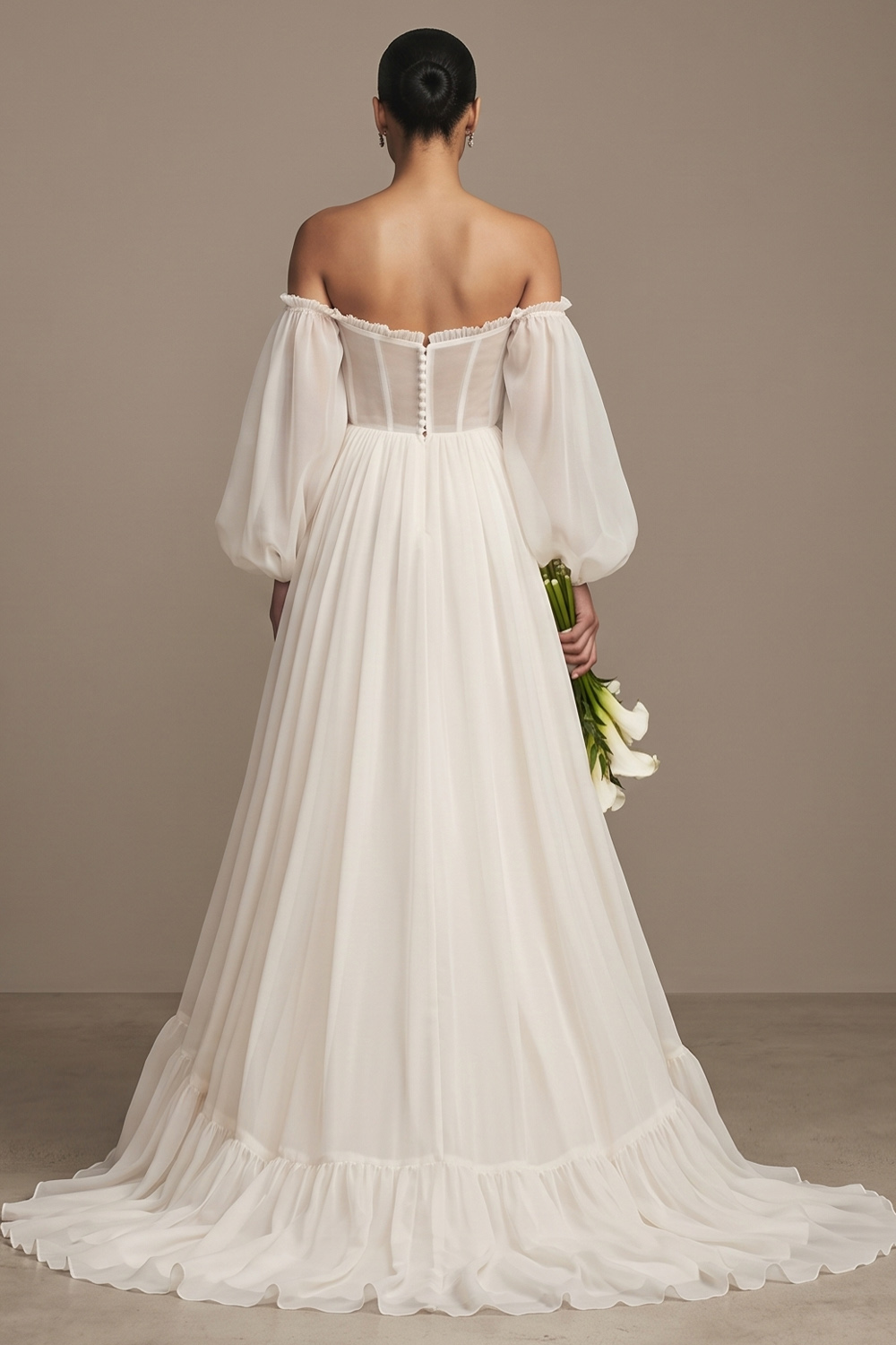 White A-Line Sweep Train Off the Shoulder Wedding Dress