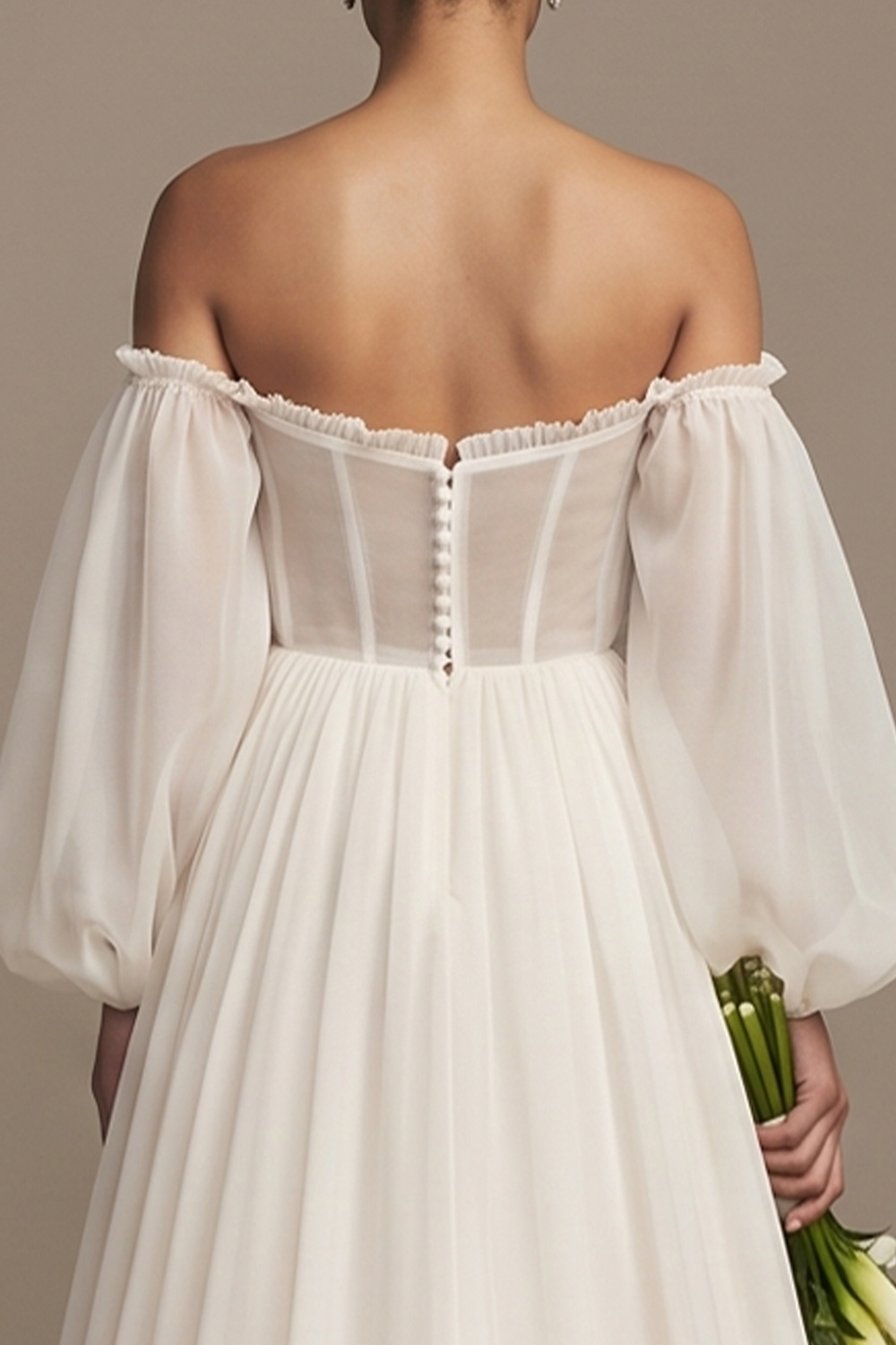 White A-Line Sweep Train Off the Shoulder Wedding Dress