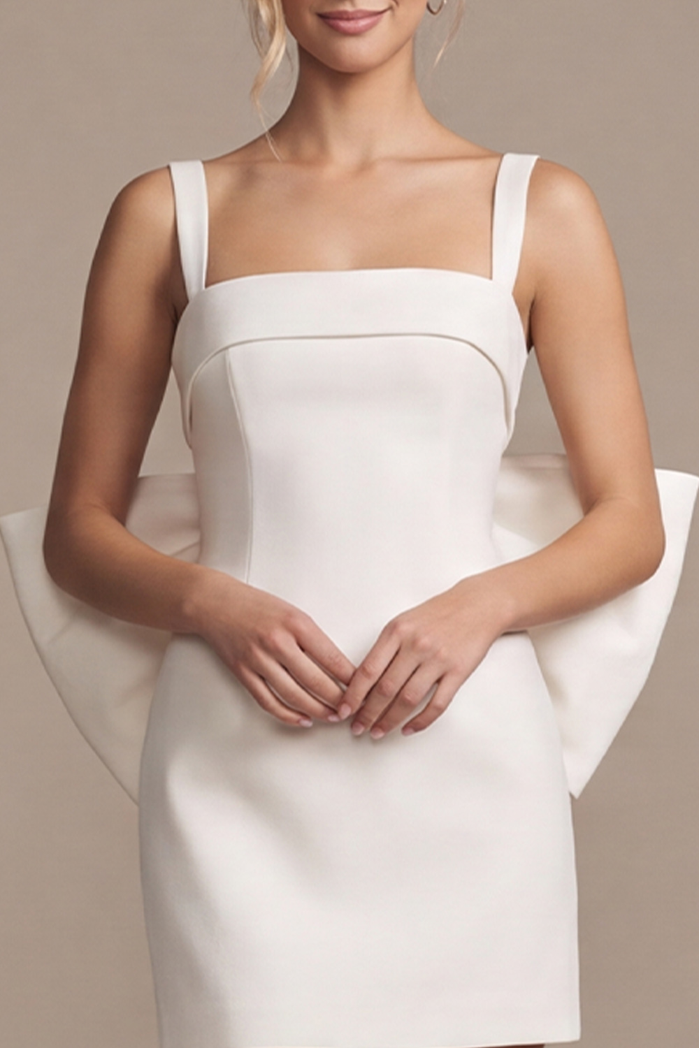 White Bodycon Square Neck Mini Wedding Dress with Bow