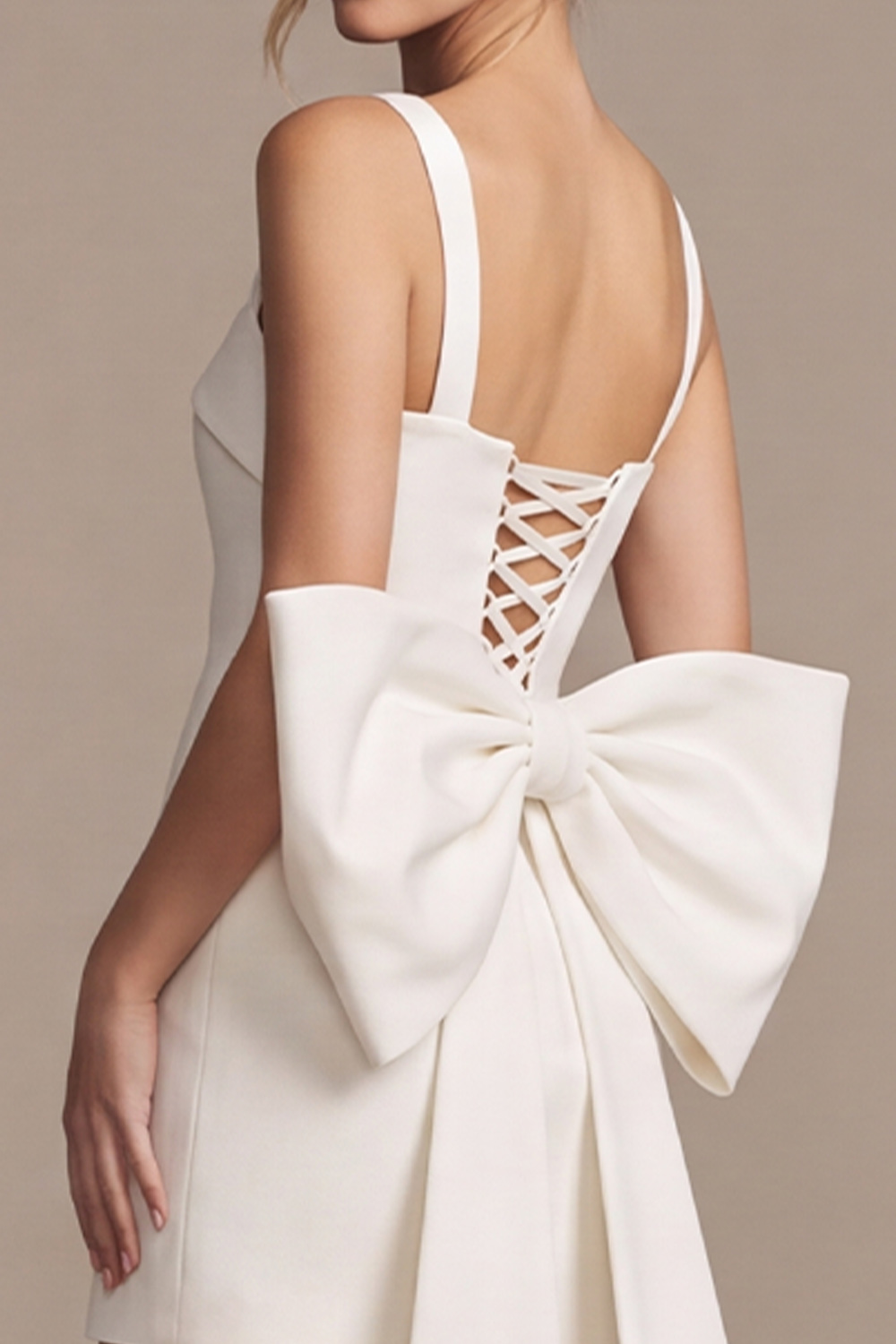 White Bodycon Square Neck Mini Wedding Dress with Bow