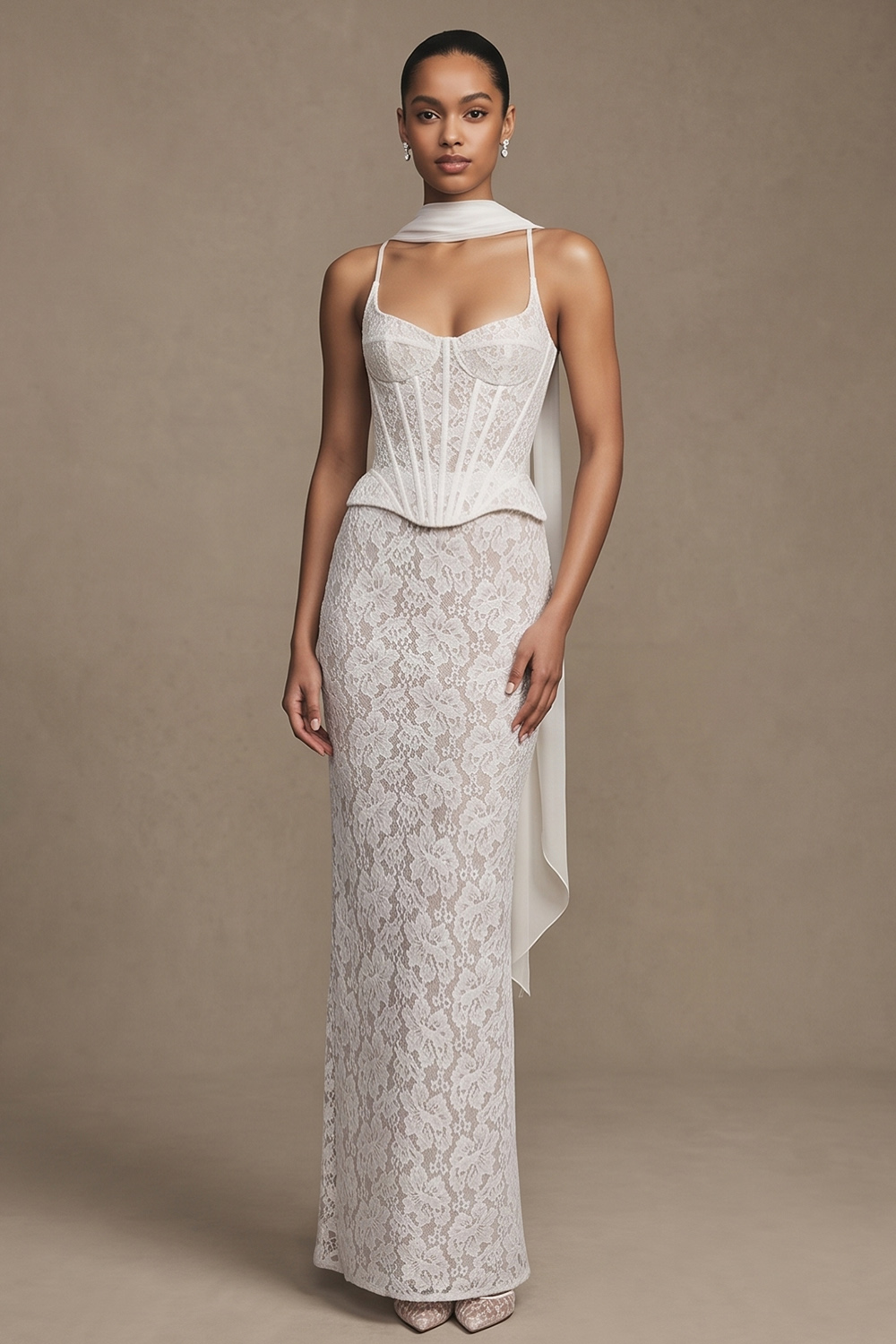 White Corset Mermaid Floor-Length Floral Wedding Dress