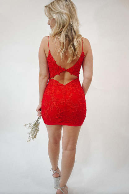 Red Open Back Spaghetti Straps Appliques Tight Homecoming Dress