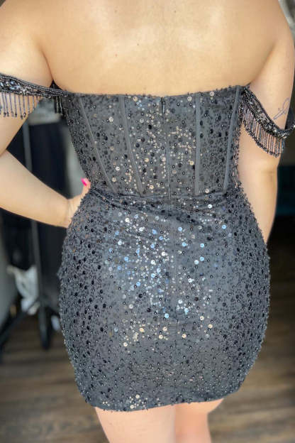 Sparkly Black Beaded Corset Sequins Fringed Tight Homecoming Dress