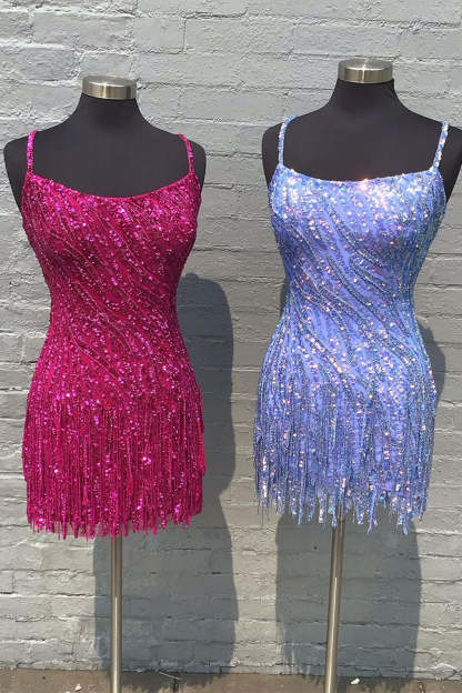 Sparkly Blue Spaghetti Straps Sequins Tight Short Hoco Dress with Fringes