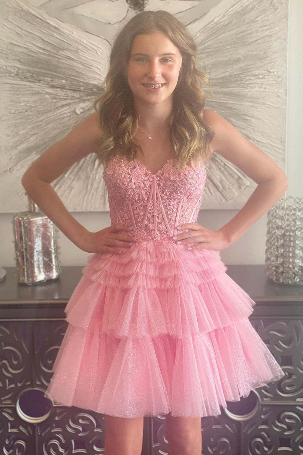 Glitter Pink Corset A-Line Tiered Short Homecoming Dress with Lace