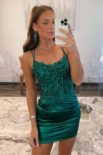 Glitter Dark Green Corset Spaghetti Straps Tight Short Homecoming Dress with Lace