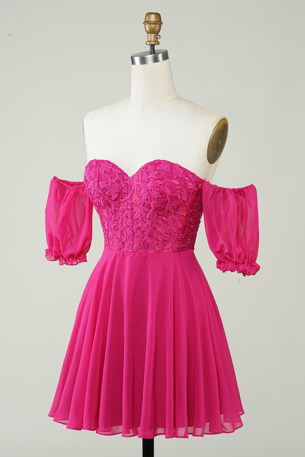 A-Line Fuchsia Corset Chiffon Short Homecoming Dress with Lace