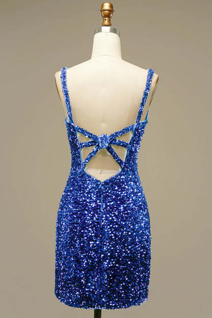 Sparkly Light Blue V-Neck Tight Sequins Short Homecoming Dress